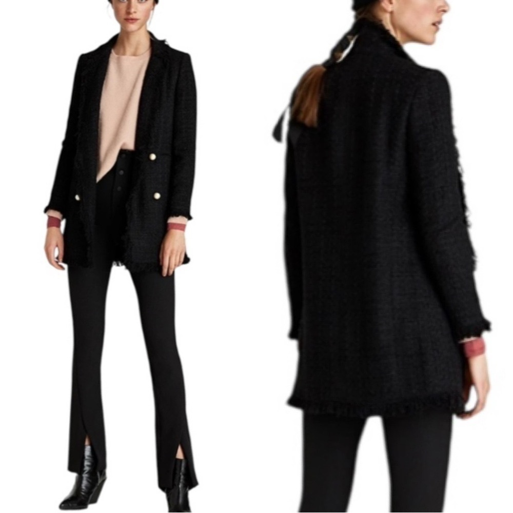 Zara Women's Textured Fringe Hem Tweed Blazer With Pearl Buttons | Size XS|
